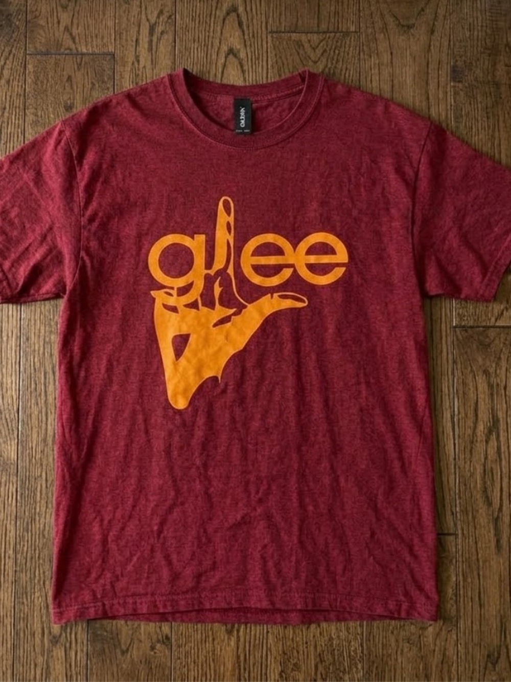 Gildan Maroon Short Sleeve Tee with Orange 'Glee' Graphic